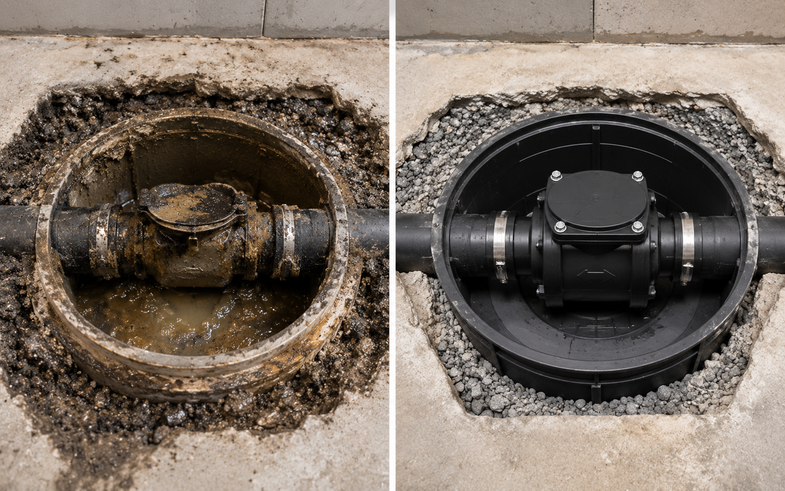 Canalisation avant après nettoyage, à gauche sale.