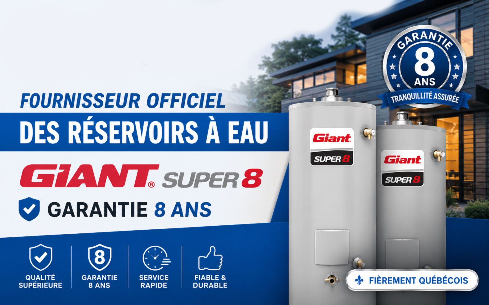 Réservoirs à eau Giant, garantie 8 ans.