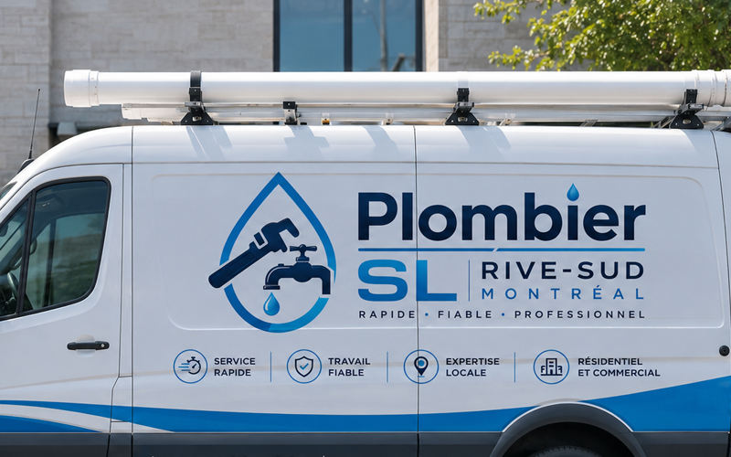 Camionnette de plombier avec logo et services affichés.
