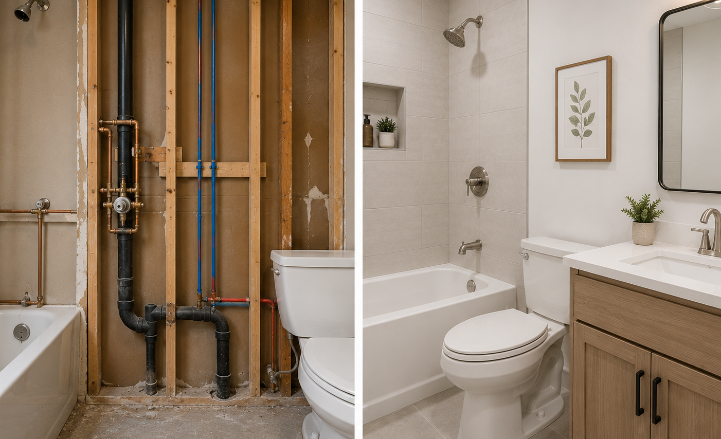 Avant-après rénovation salle de bain moderne.