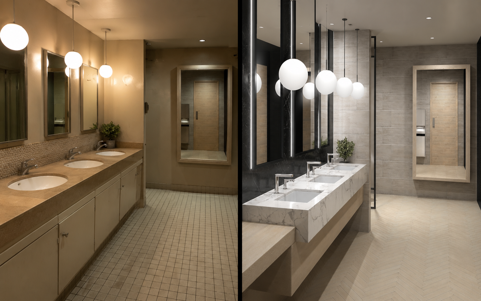 Comparaison avant-après d'une salle de bain rénovée.