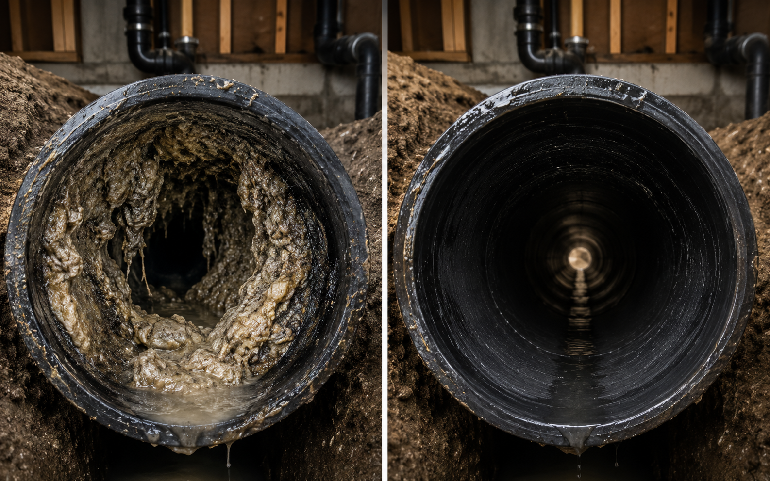 Comparaison canalisation bouchée et débouchée.