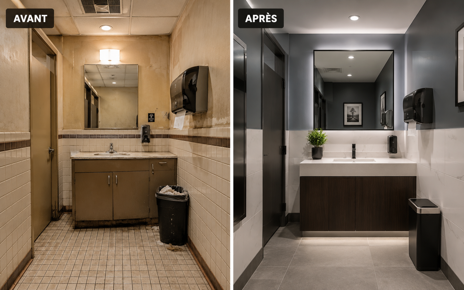 Comparaison de toilettes avant et après rénovation.