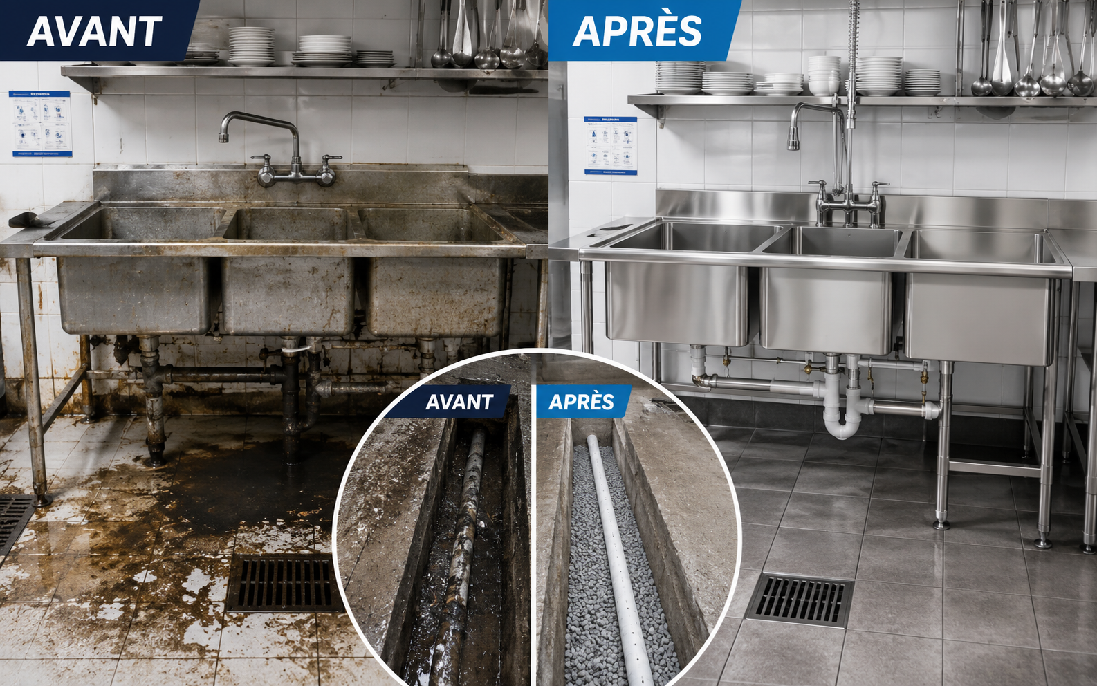 Cuisine avant et après nettoyage professionnel.