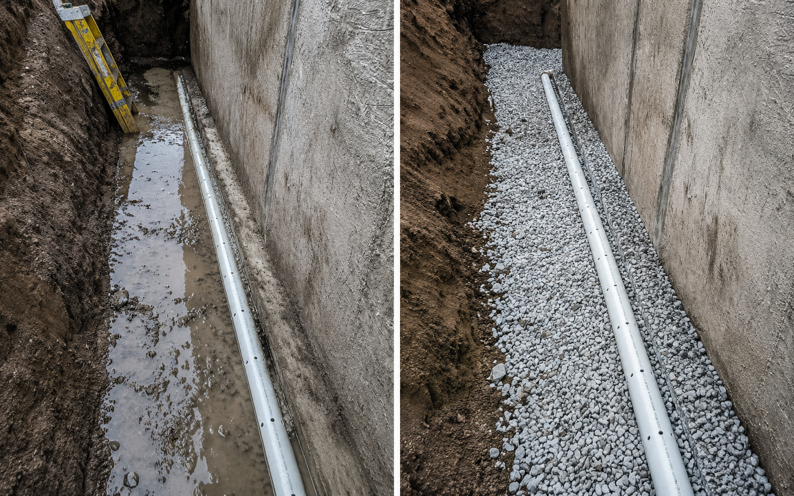 Avant et après installation de drainage en gravier.